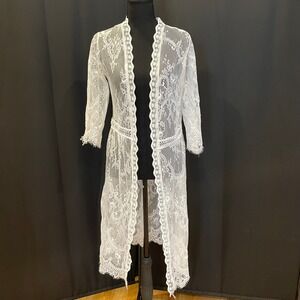 Lavish by Tricia Milaneze‎ Lace Kimono Duster S White Floral Sheer Boho Festival